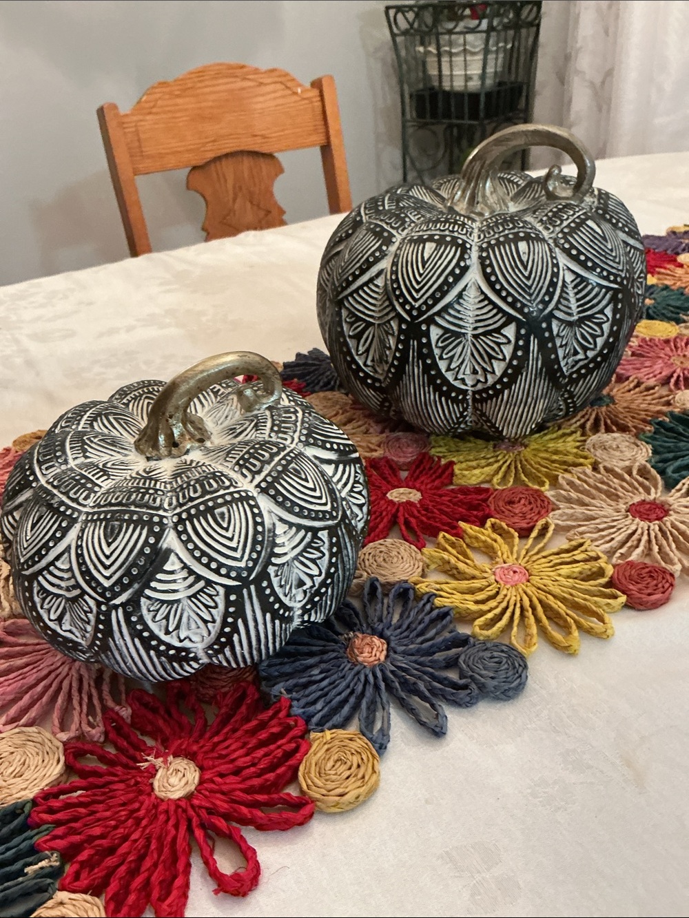 Handcrafted Black & White Decorative Pumpkins with Gold Stem - Home Accents.